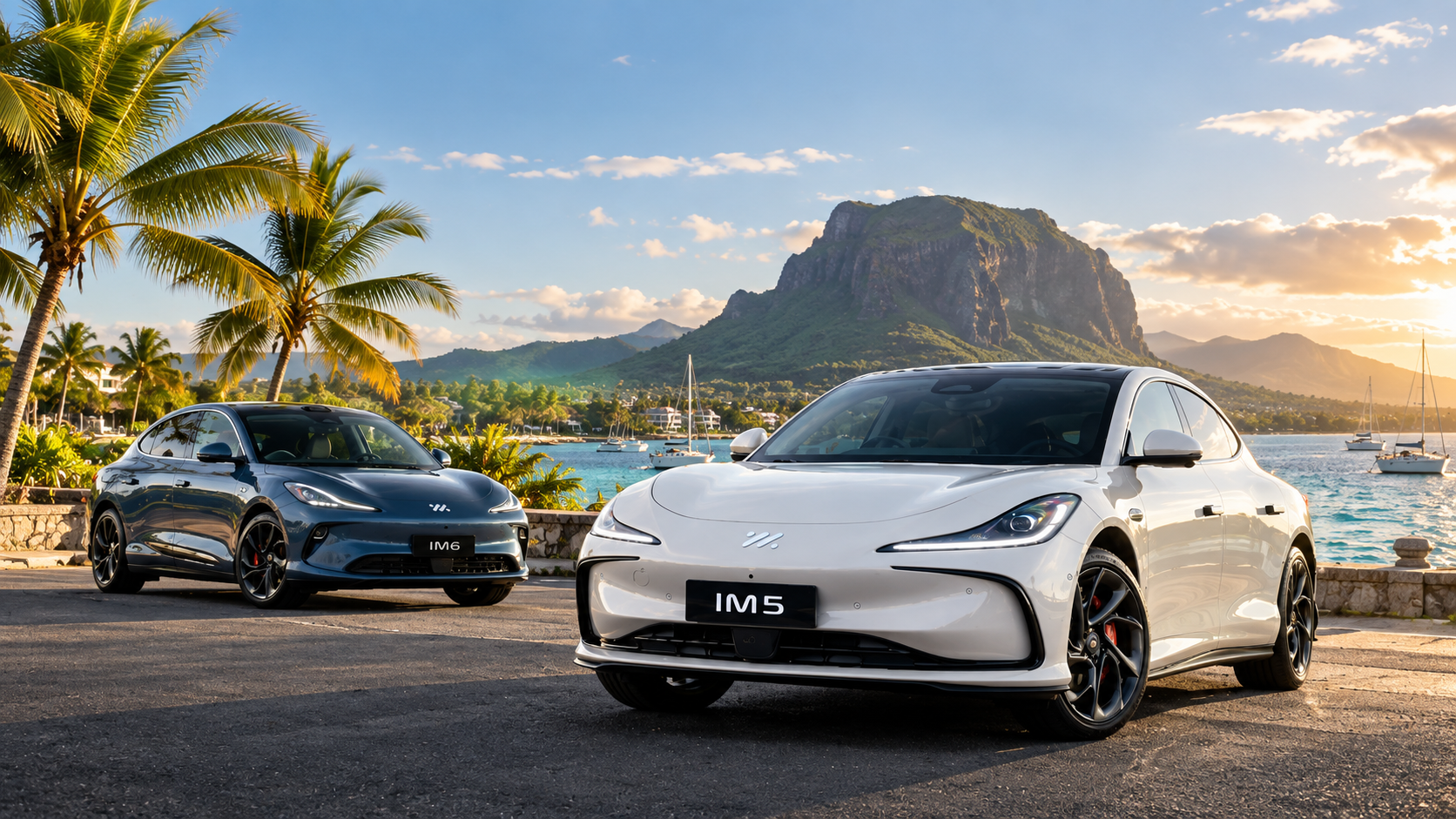 IM5 and IM6 electric vehicles with Le Morne Brabant, Mauritius.